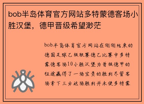 bob半岛体育官方网站多特蒙德客场小胜汉堡，德甲晋级希望渺茫